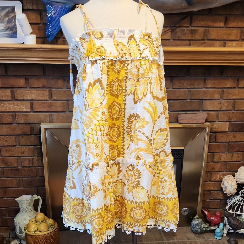 Farm Rio Nwot Minidress Yellow Floral Size Large Festival Summer Lined Boho